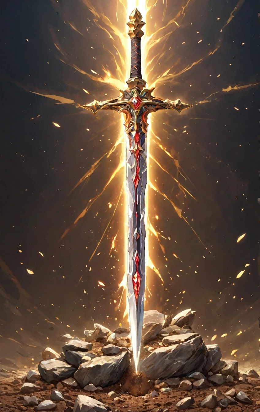 masterpiece, best quality, epic fantasy art style, simple sharpened and hardened stone and dirt sword for card game, full art, full sword art, intricate details, ultra high resolution, sharp focus, HD, 8k, clear details, zoom out to get the full sword in the image, simple background, show full sword, sword centered on image to allow ample background to show