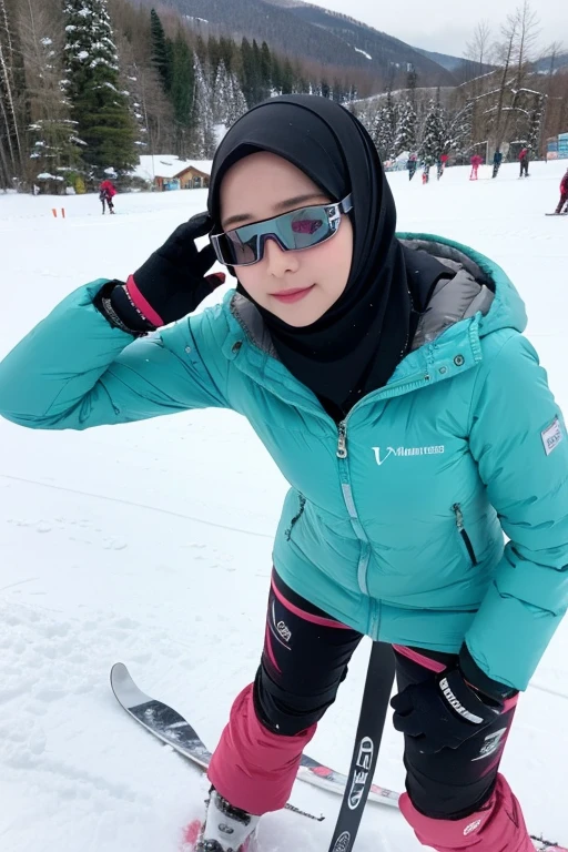 japanese muslim girl, pasmina hijab, perfect body figure, down jacket, ski goggles, ski mountain landscape