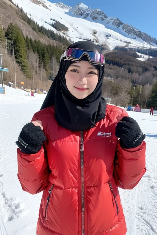 japanese muslim girl, pasmina hijab, perfect body figure, down jacket, ski goggles, ski mountain landscape