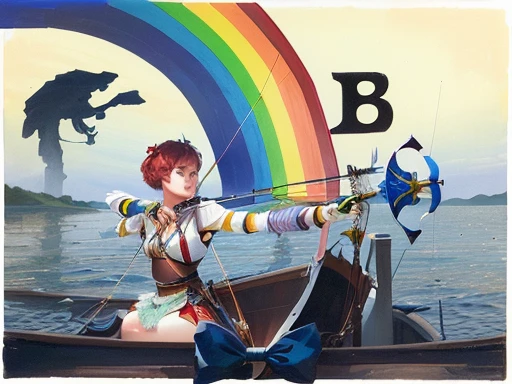 there is a woman with a bow and arrow in a boat, bow and arrow, with bow and arrow, on the bow, bow, wielding a bow, shortbow, holding a bow, hold mechanical bow and arrow, rainbow, archer bow, lgbt art, annie leibowit, thick bow, roygbiv, inspired by Quint Buchholz