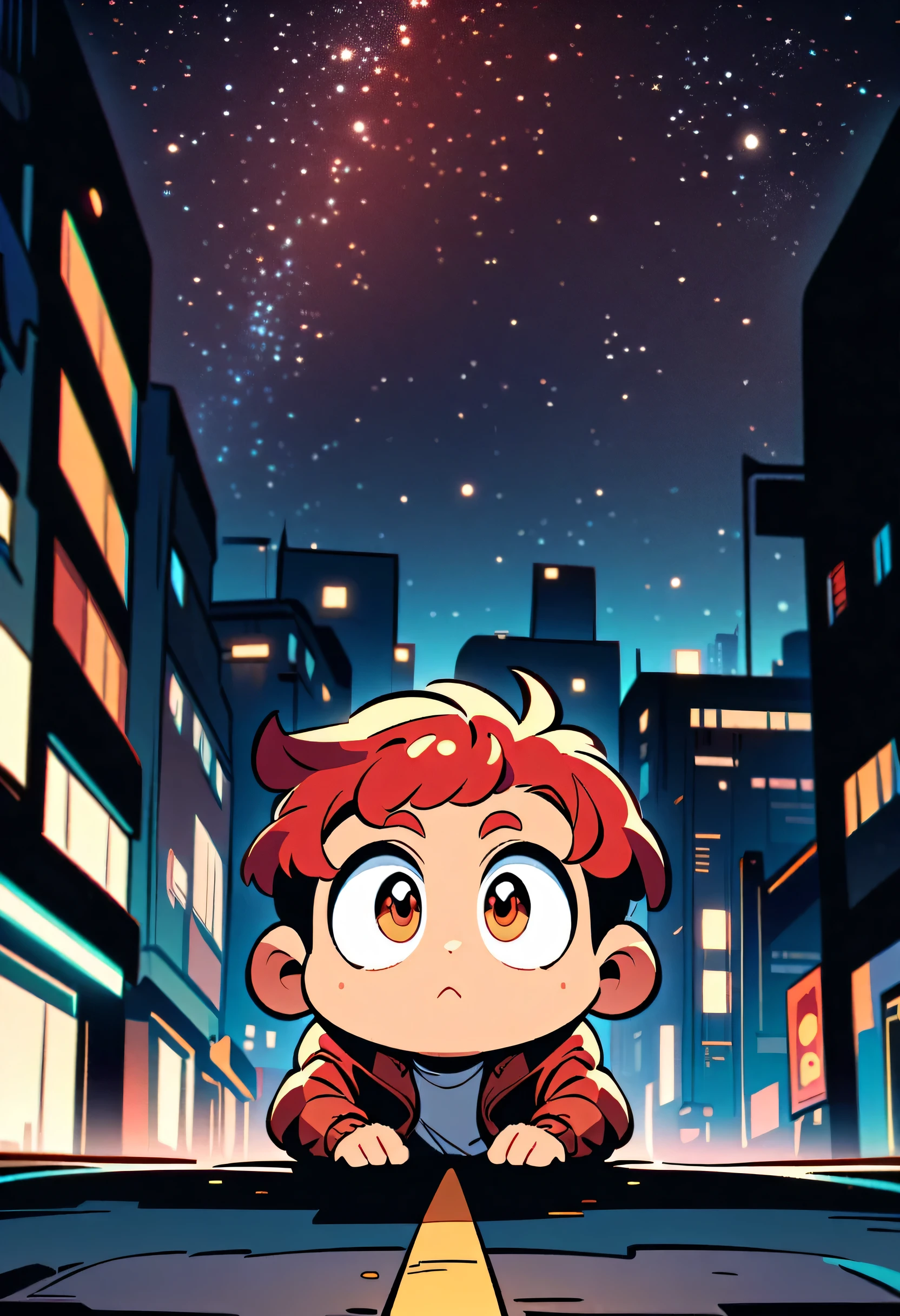 a man, handsome, robust, red hair, big head, big eyes, cute, wearing a jacket, positioned on a road in a city at night, centered in the image, full body, soft urban lighting, starry sky in the background, cartoon art style, in a natural pose, best quality