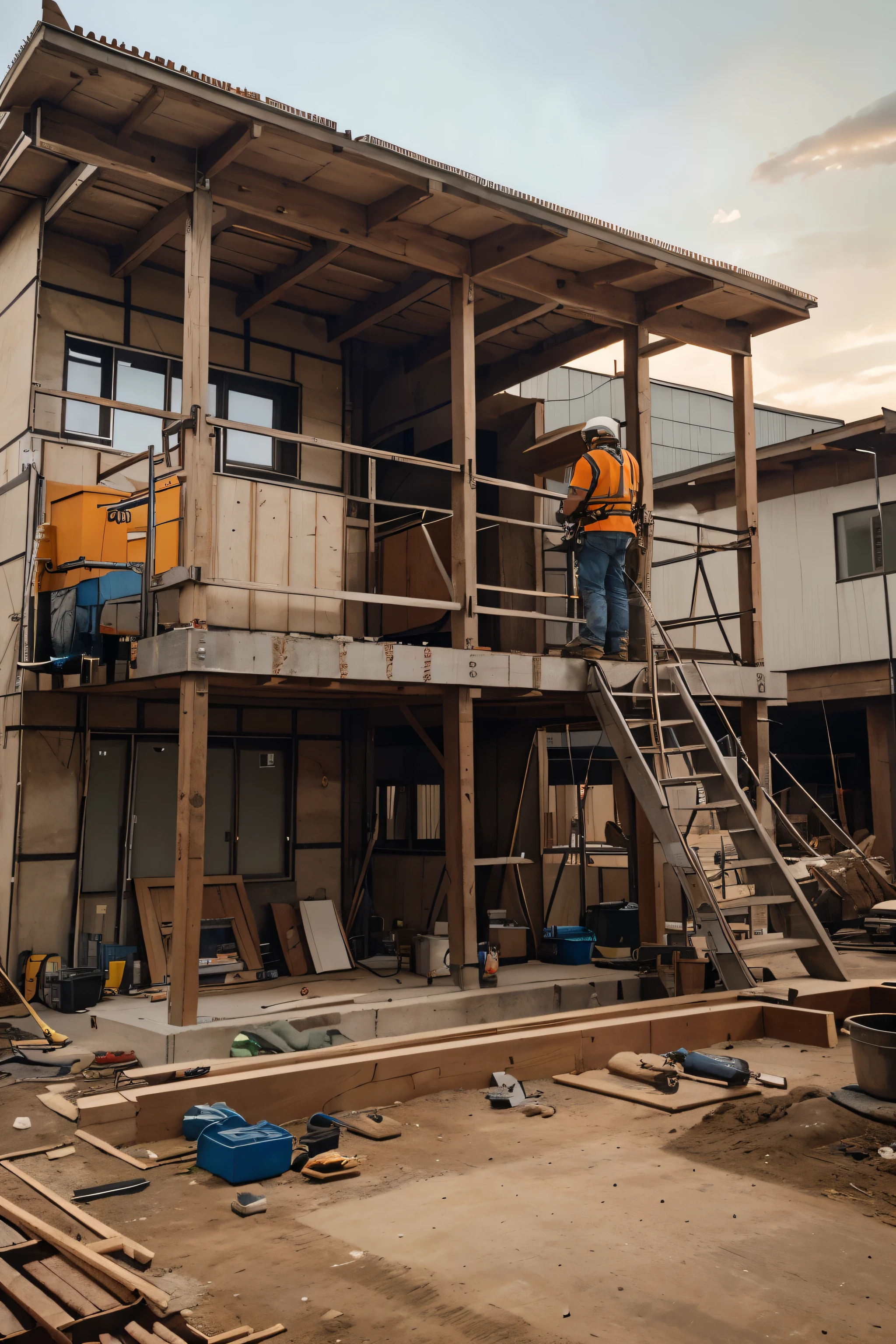 A construction worker diligently working on a house construction site, focusing on installing a large steel beam. The worker is wearing a hard hat, safety goggles, and a high-visibility vest, standing on a scaffold. The setting is a partially constructed house, with wooden frames and concrete foundations visible. The sky is clear and bright, casting natural light over the scene. The worker uses a heavy-duty drill to secure the beam in place, with sparks flying as the metal is drilled. Other construction tools and materials are scattered around, adding to the authenticity of the worksite. The image should be highly detailed, capturing the textures of the worker's clothing, the steel beam, and the wooden structures. The overall atmosphere is industrious and focused, highlighting the skill and effort involved in building a home