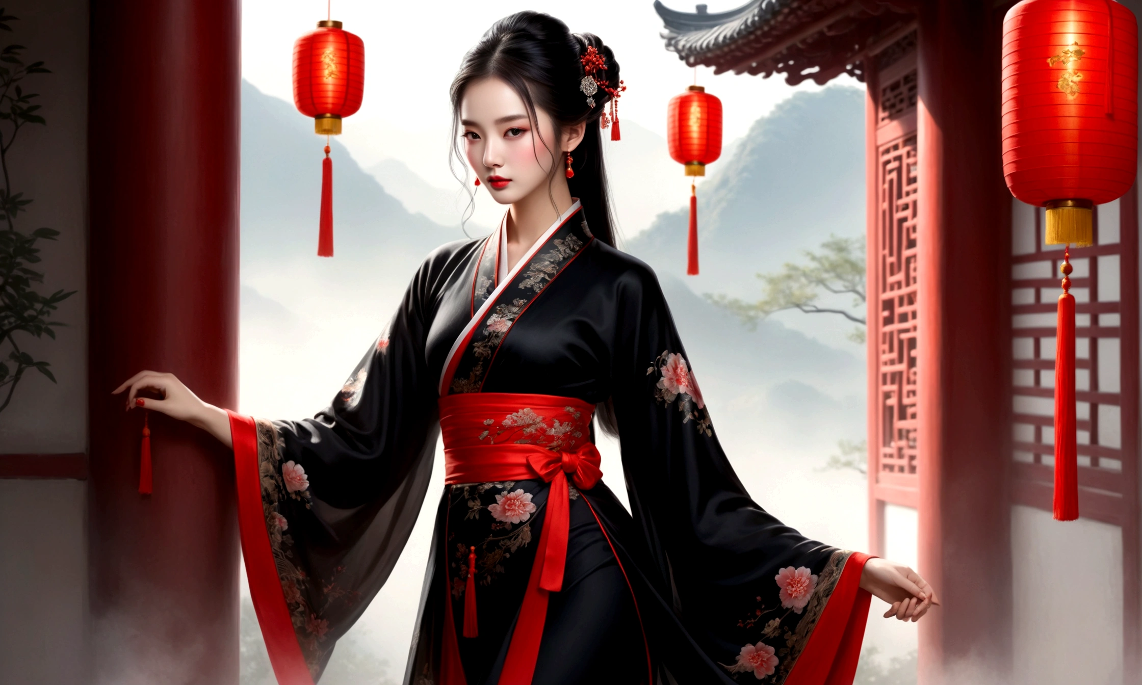 A woman in a black dress、Illustration of a lady wearing a red belt, Traditional Beauty, Beautiful Chinese model, Hanfu bandeau, Beautiful fantasy queen, Wearing Chinese clothes, 穿着Chinese Clothing, Chinese Beauty, Chinese Clothing, Hanfu, Chinese, Black and red silk dress, Chinese Girl,Sexy