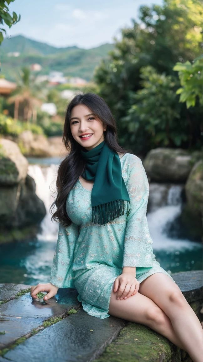 Adorable , Gorgeous , Beautiful , Russian  , Laughing , Huge Breasts , 25 Years Old , White Skin , Wearinh Light Green Muslim Hijab , Dark Green Long Dress , ((Bokeh:1.1)) , Blue Eye , ((Morning:1.3)) , sit on big rock , bali background with waterfall , in front of viewer , full body , HDR , Ultra Detailed , EF 24-70mm f/2.8L II USM , wide angle , pov from far