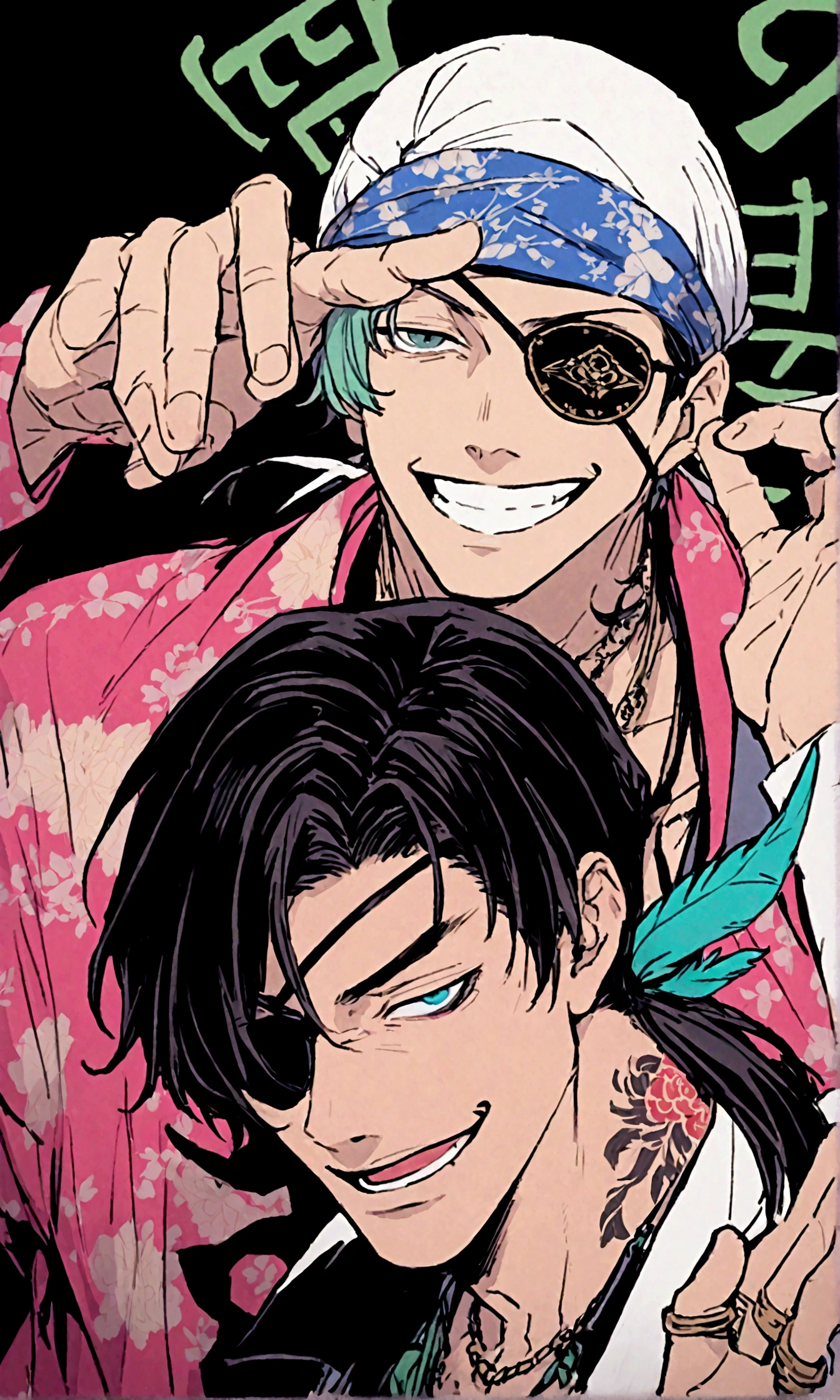 male, smile, maleアイドル, bandana, Feather ornament, majima, ponytail, majimaDEF, eyepatch, tattoo, necklace, to point at, LED