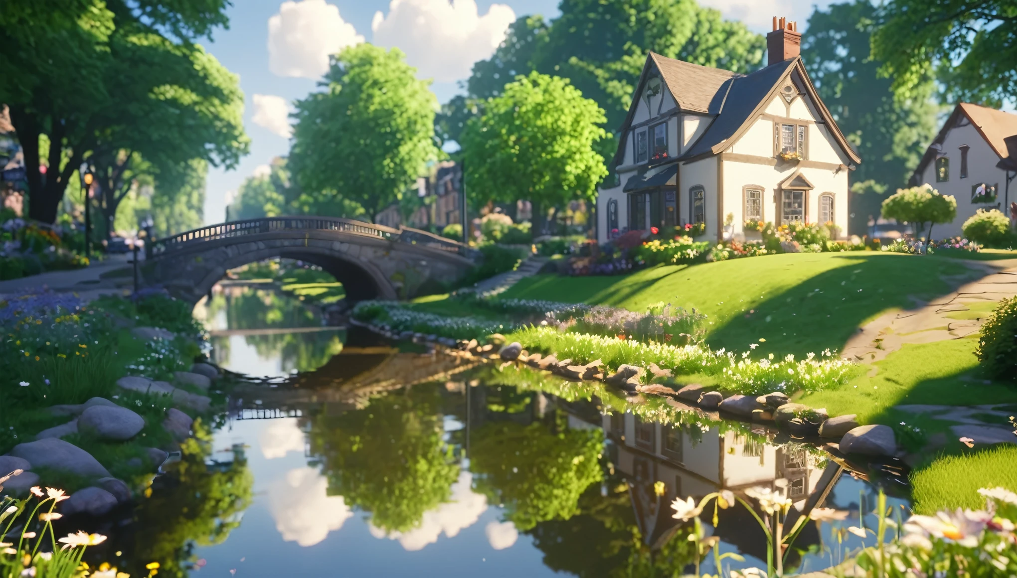  (8K, HD), A town, Lots of grass, nature, Beautiful town landscape, Perfect reflection, calm life, Dazzling sun, Flowers in bloom, Park Avenue, Festive atmosphere, Peaceful atmosphere, cute building, movie lighting, Depth of Field, Ray tracing, reflected light, (masterpiece:1.2), (best quality)