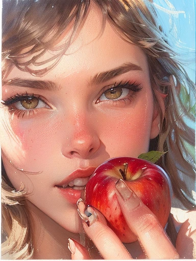 painting of a woman eating an apple with a blue background, she is easting a peach, she is eating a peach, inspired by Dave Dorman, with apple, inspired by Peggy Bacon, illustration!, michael shapcott, 1 / 4 portrait, holding an apple, inspired by Lovis Corinth, inspired by Mikhail Vrubel, inspired by Matthias Grünewald