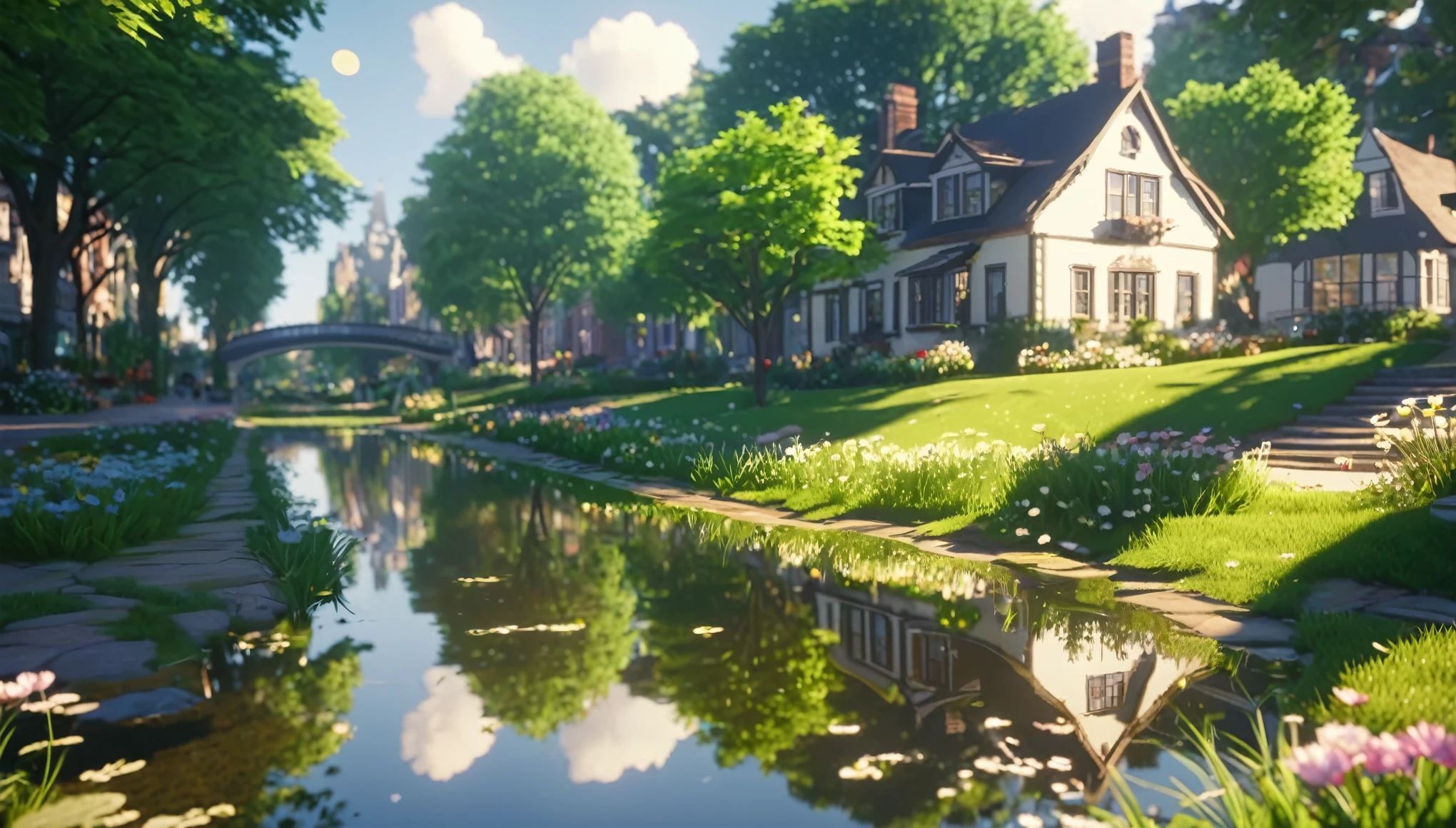 (8K, HD), A town, Lots of grass, nature, Beautiful town landscape, Perfect reflection, calm life, Dazzling sun, Flowers in bloom, Park Avenue, Festive atmosphere, Peaceful atmosphere, cute building, movie lighting, Depth of Field, Ray tracing, reflected light, (masterpiece:1.2), (best quality)
