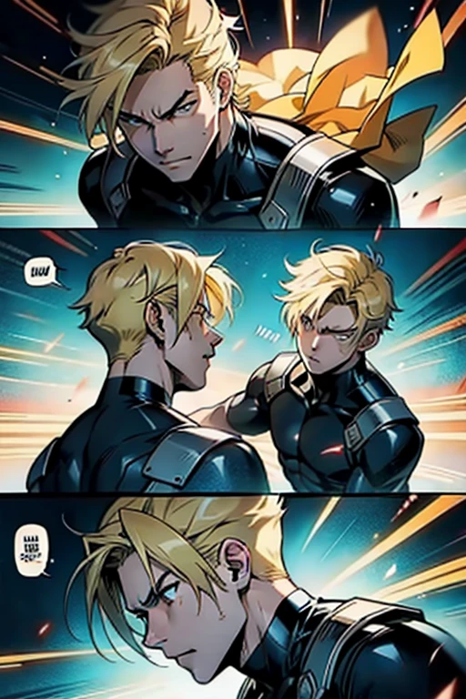 Anime guy with short blonde hair fighting, manga page with panels and dialogue