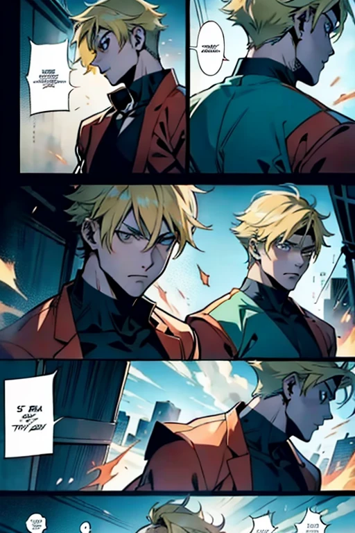 Anime guy with short blonde hair fighting, manga page with panels and dialogue