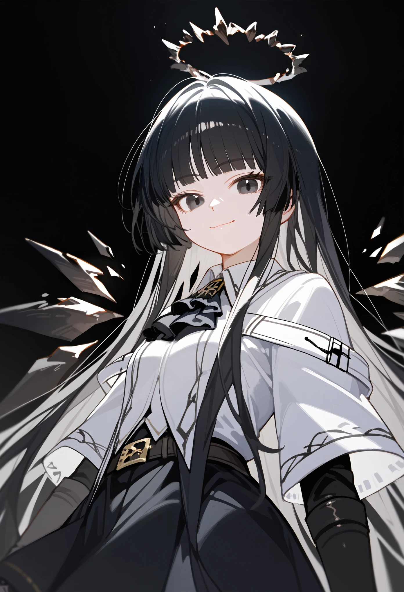 (score_9, score_8_up, score_7_up), 1girl, VirtuosaBase, black eyes, long hair, hime cut, broken halo, black ascot, white shirt, capelet, black sleeves, black gloves, belt, black skirt, energy wings, looking at viewer, upper body, zoom out, small breasts, smile, closed mouth, from below, low angle, ground level, feet focus, good feet, black background,