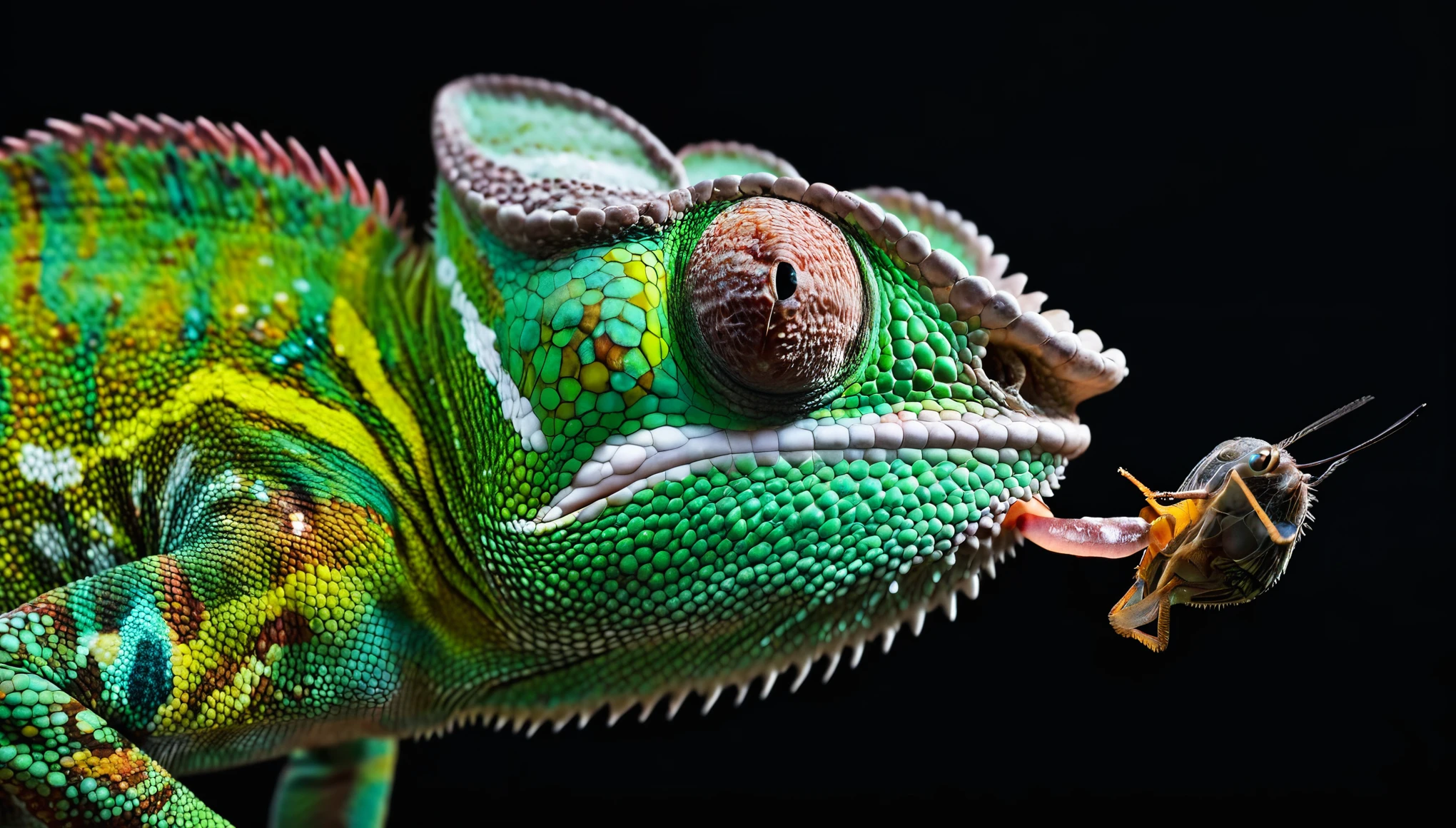 A dramatic close-up of an chameleon capturing a fly with its tongue, the scene set against a dark, moody backdrop to emphasize the intensity of the moment