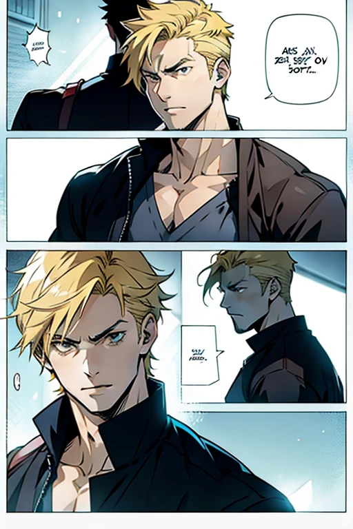 Anime guy with short blonde hair fighting, portrait half body, manga page with panels and dialogue