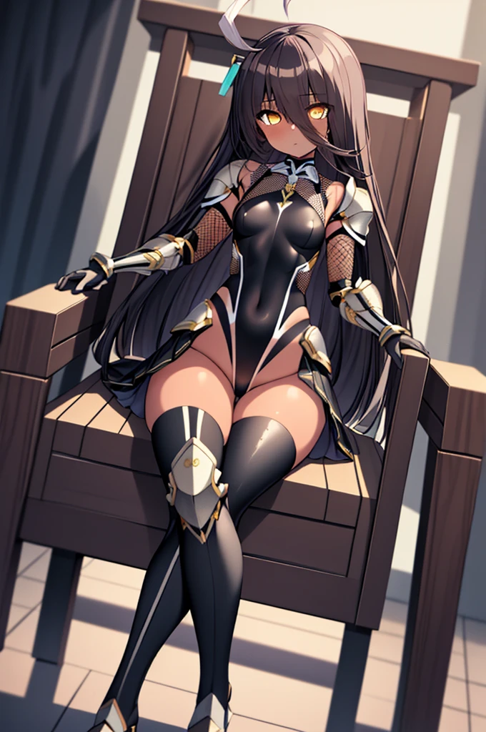 (masterpiece, highest quality:1.2), alone, One girl, Manhattan Cafe, Expressionless, View Viewer, Sitting, Chair, Ahoge,  Black gloves,  Single earring, tail，(White skin),taimanin suit, black leotard, fishnets, elbow gloves, vambraces, armored skirt, thigh boots