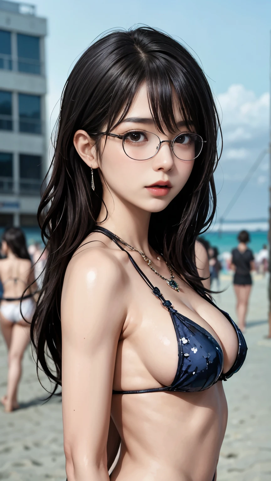 (8ก, highest quality: 1.3), (Fatal Beauty,A charming villain,witch) ,(A supple and powerful physique),(Sensual charm),(Mysterious charm:1.1),(Captivating silhouette),(highest quality,High resolution:1.2),(dark,Threatening:1.1),Very detailed, Complete Solution, (Realistic, Realistic photo: 1.37), Portraiture, High resolution RAW color photograph, Professionally arrested, High resolution and beautiful, High resolution, 8ก Image Wallpaper, Amazing details, Large file size, Urban,Very detailed,masterpiece,Intricate details,Faded,Very detailed, Eye on the details,Intricate details,Dark and spooky atmosphere, spiritual being, Hauntingly beautiful, Ghostly figures, Shadow-like shape, Spooky whispers, Ominous Aura, Very detailedな美しい女の子, (Ideal body type:1.8), Very detailed faceexpressive lips, (so beautiful、Crisp big eyes:1.5), Fine skin., All features are shown in detail., The outline of the fingers is beautifully drawn....., The nose is precisely shaped., expressive lips, Perfect ???????, (Detailed Beach,crowd, background, background is not blurred:1.6),One Story, 20th generation, cute、Realistic、(Front view:1.4),(Face Focus:1.3),Perfect ???????,Round ???????,(Flat ?????:1.5),(View your viewers:1.5), Perfect ???, cute face, ???? girl render, 8k artistic german bokeh, Enchanting girl, Real Girls, Gurwitz, Gurwitz-style artwork, Girl Roleplay, Realistic 3D style, cgstation Popular Topics, 8K Portrait Rendering,(truth，truth：1.4),???? Body,( Very lean body:1.6),???? pose, blush, Attractive body, Young people, Very curly hair, length, Purple Curly Hair, very big hair, Very curly hair, Hair removal, ,((((Glasses))))、((((big sapphire necklace))))、hair accessory, Earrings, meanwhile, necklace, bracelet, stockings, (Sculptural installation:1.5), (Ultra detailed bondage:1.4),Browsing Caution, (Open your mouth:1.3),{(Heterosexual,Loose ??????:1.5),