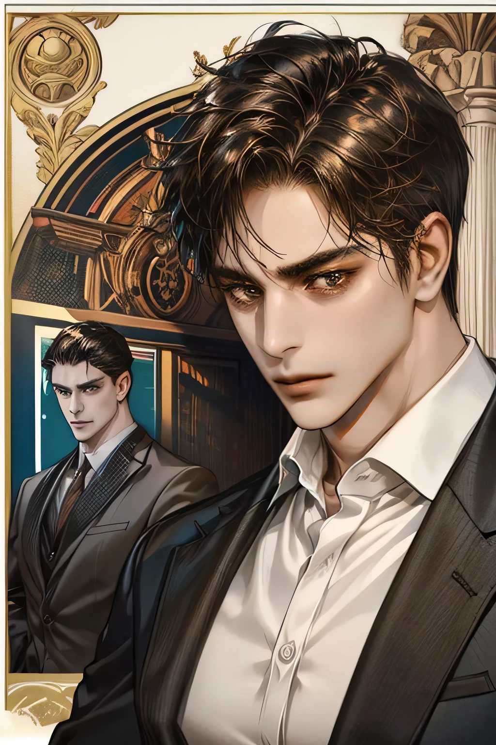 (1 adult man 40 years old), black hair, ((Brown eyes)), (office suit), minimalistic furnishings, Large assembly, half of the body, portrait, good anatomy, (Detailed eyes), ((dark skin)), A face without emotion, (bottom up view), (Italian)
