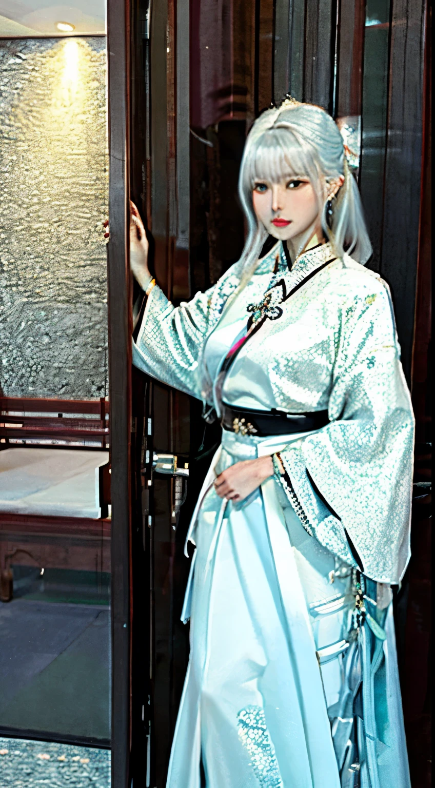 photorealistic, high resolution, 1women, mature female, solo, hips up, jewelry, tattoo, white hair, hanfu