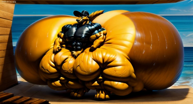 4k, high resolution, best quality, perfect lightning, perfect, solo, anthro, young, boy,golden yellow wolf:2.0, furry body, (fluffy mane:1.2), fluffy tail, male, adult, (bulky2:0, thick muscles2:0, huge muscles:2.0, hyper muscles:2.0), (thick biceps, veiny biceps, broad shoulders:2.0), (thick legs, thick calves:1.1), (digitigrade legs, 4 toes:1.2), perfect colors, (photorealistic fur, detailed fur, epic, masterpiece), (suggestive posing:1.2), (seductive smile, lustful grin 1.3), detailed beach,detailed wolf eyes:2.0, by k0suna, by darkgem，nipple ring，hyper arms:2.0，veins,golden yellow fur,hyper butt:2.0,hyper paws:2.0，standing，thick legs，thick butts:2.0,sweat body:2.0,massive butt:2.0,black hat,hyper ass:2.0,huge ass,long legs,juicy butt:2.0,butt like a wall:2.0，fat butt,butt fill most of picture:2.0,fat legs