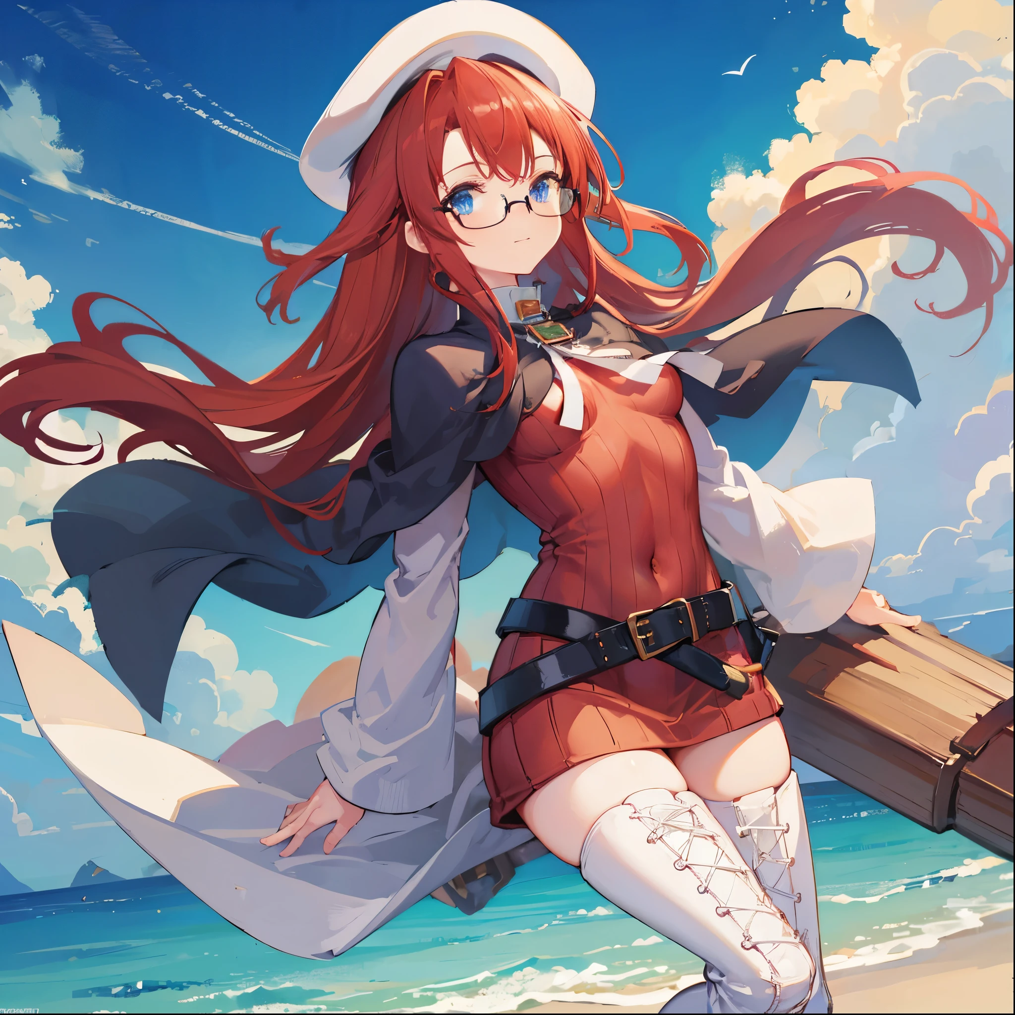 summonnightaty, aty, (young:1.3),long hair, blue eyes, red hair, big_tits, hat, glasses,
BREAK long hair, thighhighs, hat, dress, naked_legs, glasses, belt, cape, sweater, zettai ryouiki, beret, thigh boots, white footwear, ribbed sweater, loose belt,solo,
BREAK outdoors, fantasy,on_beach,
,Highquality_hads,perfect_fingers,
BREAK (masterpiece:1.2), best quality, high resolution, unity 8k wallpaper, (illustration:0.8), (beautiful detailed eyes:1.6), extremely detailed face, perfect lighting, extremely detailed CG, (perfect hands, perfect anatomy),covered_nipples,covered_navel ,half_eyes,long_sword,sleepy,standing,red_sweater,apart_knees,magical_effect,spread_legs, have_a_book,teacher,rise_knee,Smile,rise_hand,look_down_viewer,spread_arms,sea_waves,looking_into,blue_sky,sitting,plump,