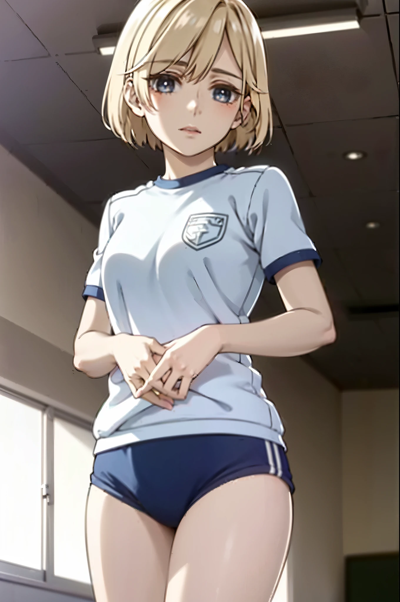 niina sugawara, short hair, blue eyes, Blonde Hair,buruma,gym uniform,classroom,looking at viewer, (Cowboy Shot:1.5),(masterpiece:1.2), highest quality, High resolution, unity 8k wallpaper, (figure:0.8), (Beautiful fine details:1.6), Highly detailed face, Perfect lighting, Highly detailed CG, (Perfect hands, Perfect Anatomy),