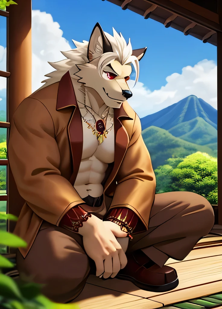 masterpiece, best quality, Japanese cartoons, hairy, male, A wolf in a brown jacket sits on the porch by the window of a Japanese-style villa, hands on knees, look out, Looking at the green mountains in the distance, Wind Chimes, midsummer, Expressive, male focus, Bokeh, Depth of Field,Pure white hair,Red eyes,Holding a silver sword,Brown trousers,Brown wrist guard