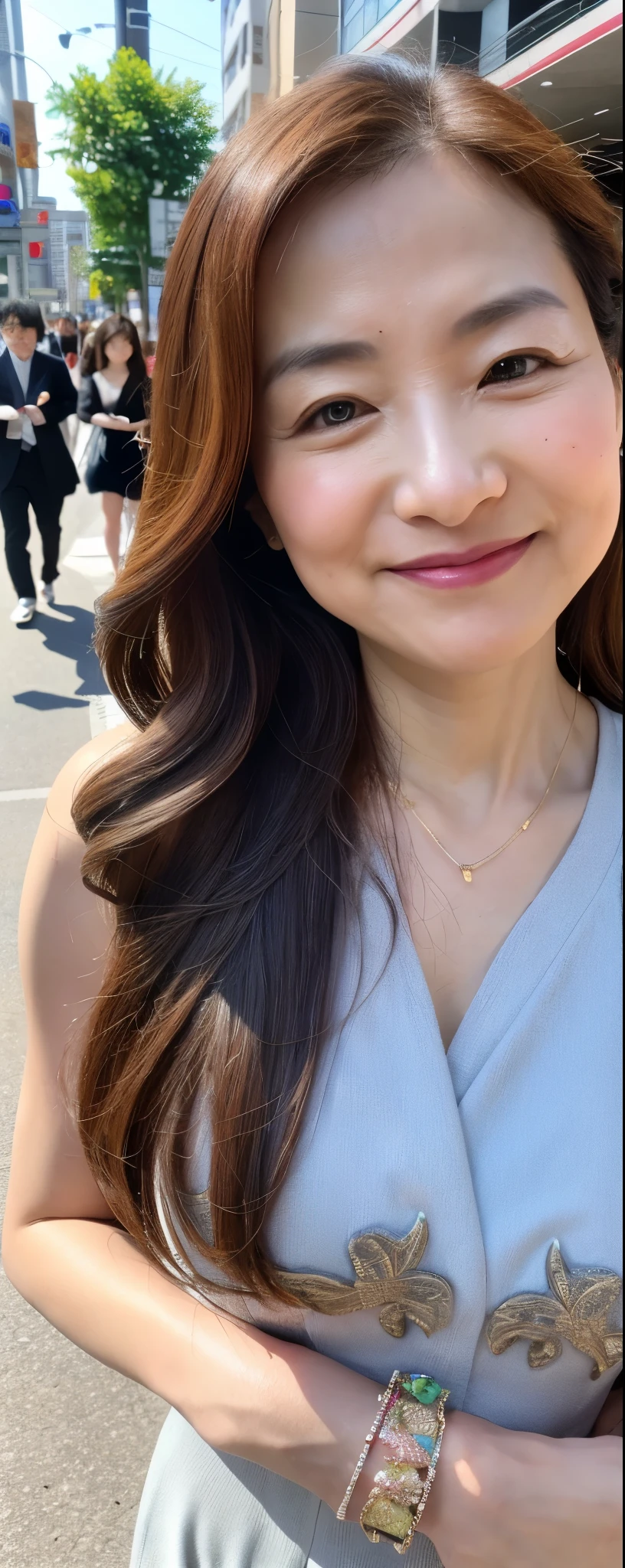 masuterpiece, Best Quality, Illustration, Ultra-detailed, finely detail, hight resolution, 8K photographic, Perfect dynamic composition, from front, 1 japanese girl, Beautiful detailed eyes, long wavy Hair, wearing sleeveless dress, make up:1.1, Random poses,Smile, Omotesando Street Walk, 28 years girl