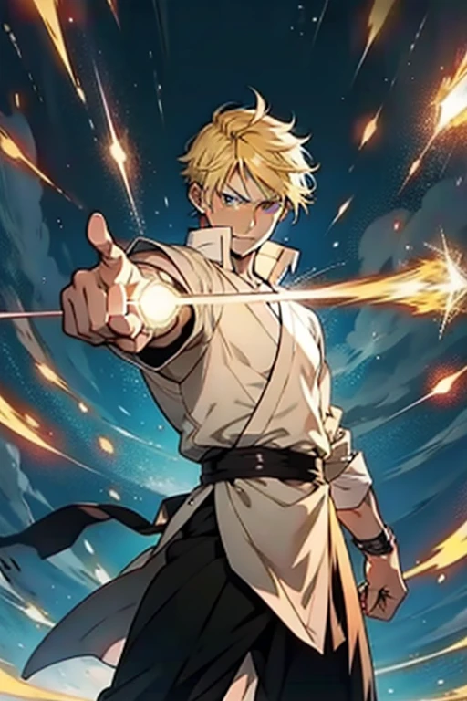 Anime guy with short blonde hair using light magic to fight , manga page