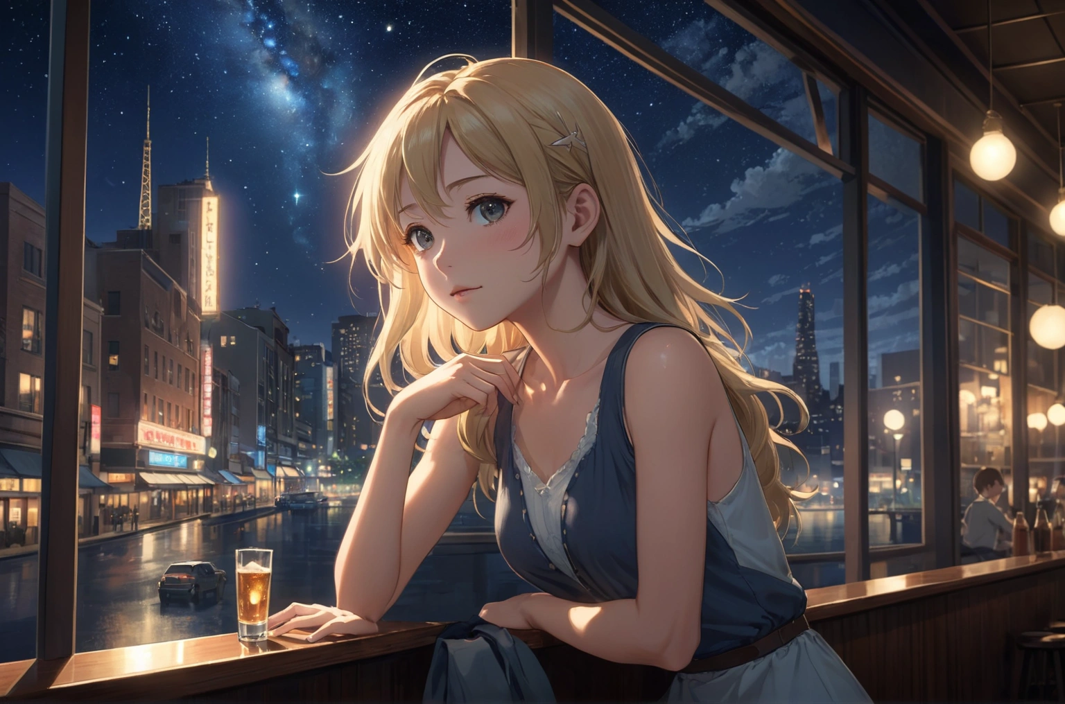 Uses Makoto Shinkai's depiction perfectly, Nora Jones portrait 8k 4k masterpiece photo ,A jazz bar with a glass ceiling,Outside the window is a dim night view,Stars twinkle in the sky,Close-up of profile,I'm not looking at you,Semi-long hair,Blonde Hair,sexy,Slender,Bust slightly large,Wearing a sleeveless shirt,Five fingers and five toes,The fingers are drawn precisely,The most beautiful woman in the world,30 years old,