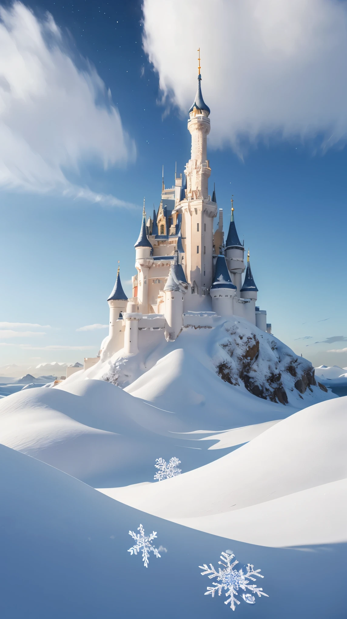Princess的脸出现在空中，winter landscape，Surreal wonderland，Dreamy clouds and fairy islands，(Big Snowflake:1.3)，五颜六色的Big Snowflake飞舞着，Princess&#39;The palace is covered with snow，The tree of life blooms with infinite vitality，Twinkling stars in the night sky，Thick clouds and fog，Whimsical fantasy landscape art, Fine Art Ultra HD 8K, 8K Fine Art Digital Art, Beautiful and detailed fantasy, Epic fantasy landscapes, Mysterious dreamy scenery, Magical fantasy with rich details, Magical scenery, 由Big Snowflake和梦幻漂浮的仙女岛组成, Detailed fantasy digital art, 8K Fine Art Digital Art