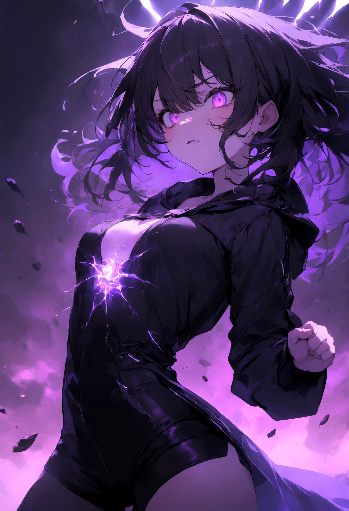 1girl, original, (solo:1.1), standing, raised fist,
scary face, ((intimate purple mist background), ((solo)), (psychic girl),The rays of light shoot through my chest, small chest, black tights, black shorts, visible through hair, (wearing black hoodie clothes), (transparency black hair), pointed end purple, gradient purple eyes, (perfect anatomy), psychokinesis, masterpiece,insanevoid, horror \(theme\),r1ge, glowing, aura, energy,flying psychic beam, ((attack)), beam, flying debris, [angry], floating hair,purple: (purple theme:1.2),blue: (blue theme:1.1), (masterpiece:1.2), (best quality:1.2), (very aesthetic:1.2), (absurdres:1.2), newest, 