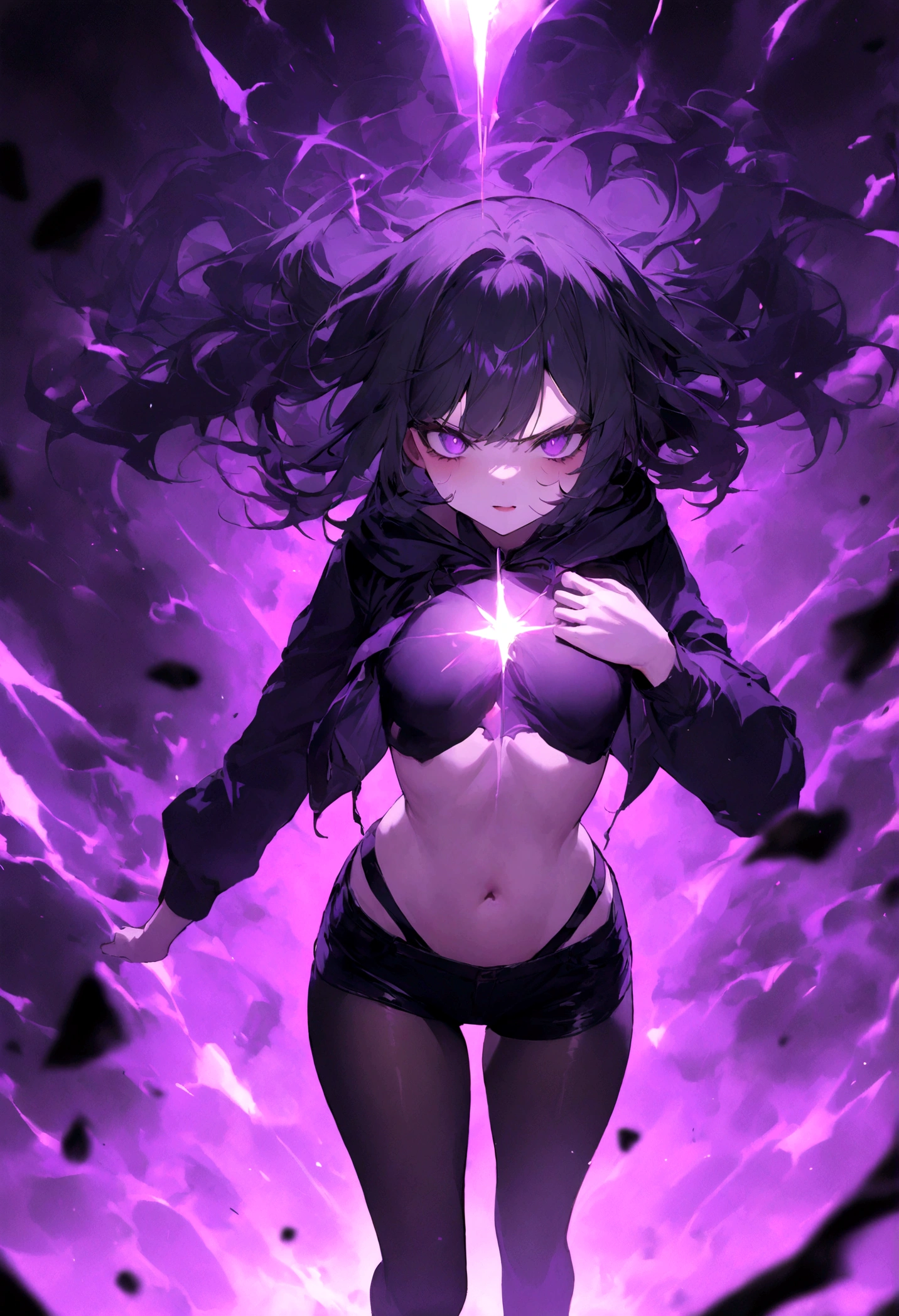 1girl, original, (solo:1.1), standing, raised fist,
scary face, ((intimate purple mist background), ((solo)), (psychic girl),The rays of light shoot through my chest, small chest, black tights, black shorts, visible through hair, (wearing black hoodie clothes), (transparency black hair), pointed end purple, gradient purple eyes, (perfect anatomy), psychokinesis, masterpiece,insanevoid, horror \(theme\),r1ge, glowing, aura, energy,flying psychic beam, ((attack)), beam, flying debris, [angry], floating hair,purple: (purple theme:1.2),blue: (blue theme:1.1), (masterpiece:1.2), (best quality:1.2), (very aesthetic:1.2), (absurdres:1.2), newest, 