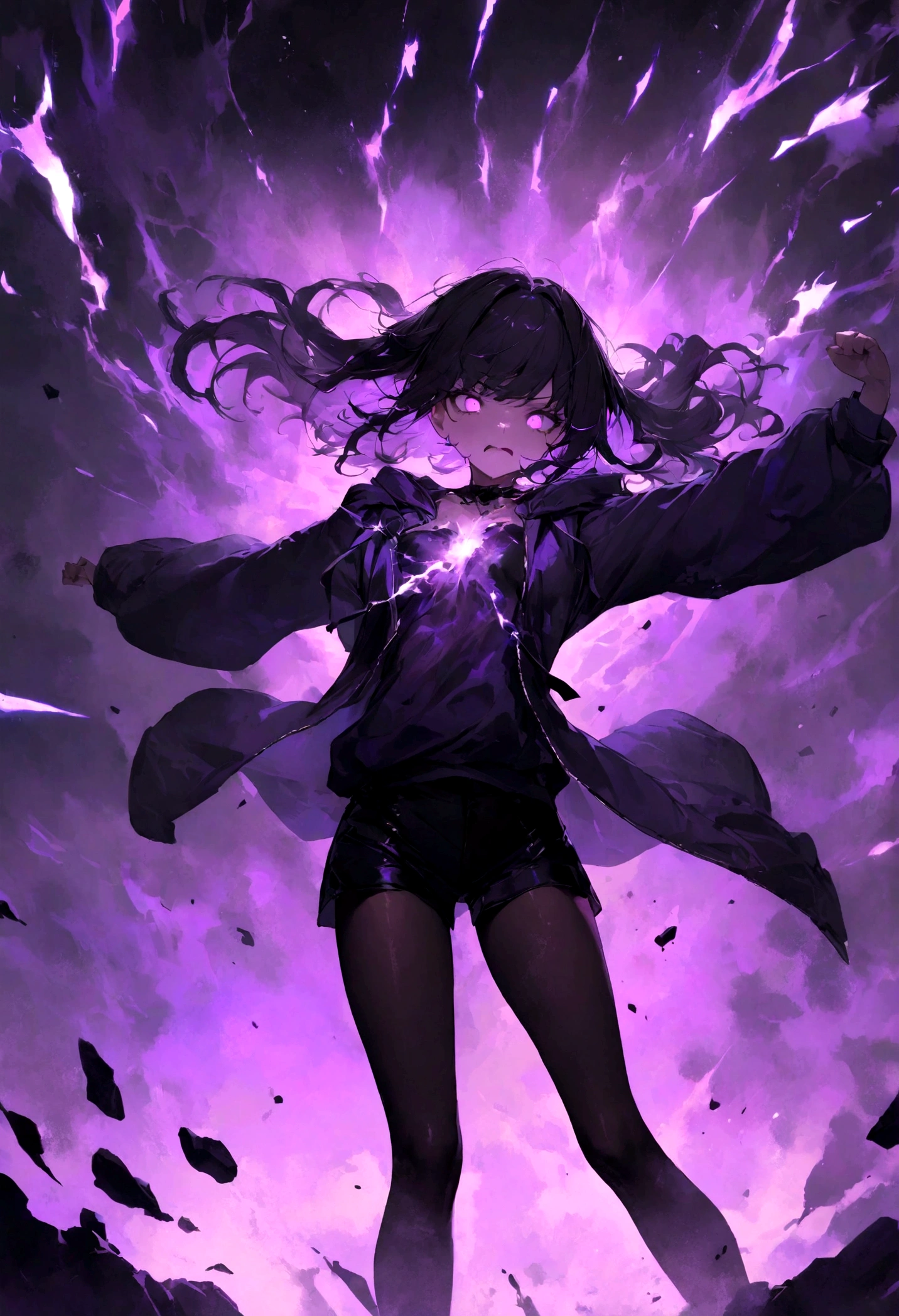 1girl, original, (solo:1.1), standing, raised fist,
scary face, ((intimate purple mist background), ((solo)), (psychic girl),The rays of light shoot through my chest, small chest, black tights, black shorts, visible through hair, (wearing black hoodie clothes), (transparency black hair), pointed end purple, gradient purple eyes, (perfect anatomy), psychokinesis, masterpiece,insanevoid, horror \(theme\),r1ge, glowing, aura, energy,flying psychic beam, ((attack)), beam, flying debris, [angry], floating hair,purple: (purple theme:1.2),blue: (blue theme:1.1), (masterpiece:1.2), (best quality:1.2), (very aesthetic:1.2), (absurdres:1.2), newest, 