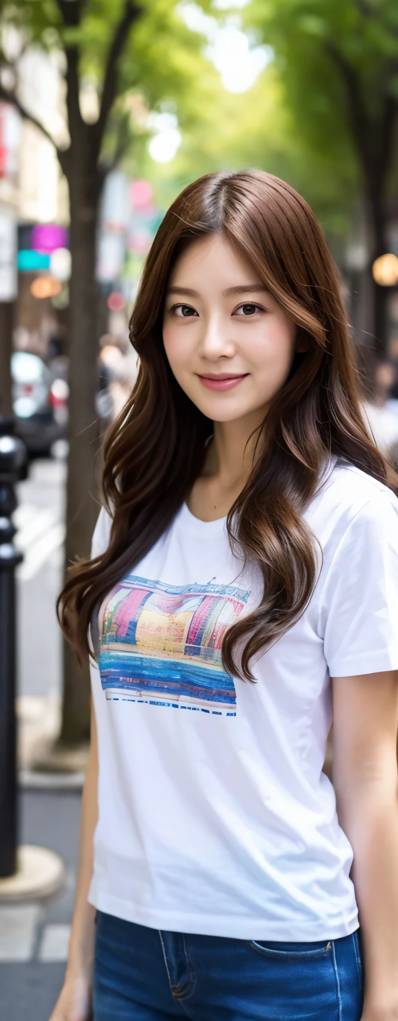 masuterpiece, Best Quality, Illustration, Ultra-detailed, finely detail, hight resolution, 8K photographic, Perfect dynamic composition, from front, full body, 1 japanese girl, Beautiful detailed eyes, long Medium wavy Hair, wearing t-shirts:1.2, bell-bottom pants, make up:1.1, Random poses,Smile, Omotesando Street Walk, 28 years girl Wavy hair, Daylight, summer season, center of street, crowd of people,