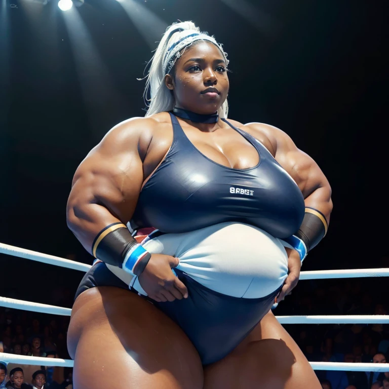 ((Dark skin)), ((dark skinned female)), ((brown skin)) ((giantess)), ((strongfat)), ssbbw, obese, ((strong arms)), ((white hair)), ((blue eyes)), ((tall)), (gentle smile), (wrestling gear), gigantic, insanely large belly, sweaty, subtle blush, (bare arms), ((gigantic biceps)), leotard, fingerless gloves, ((wrestling ring background)), clear face, large eyes, ((heavy shading on lower half of the body)), ((large bicep muscles)), ((looking down at viewer)),