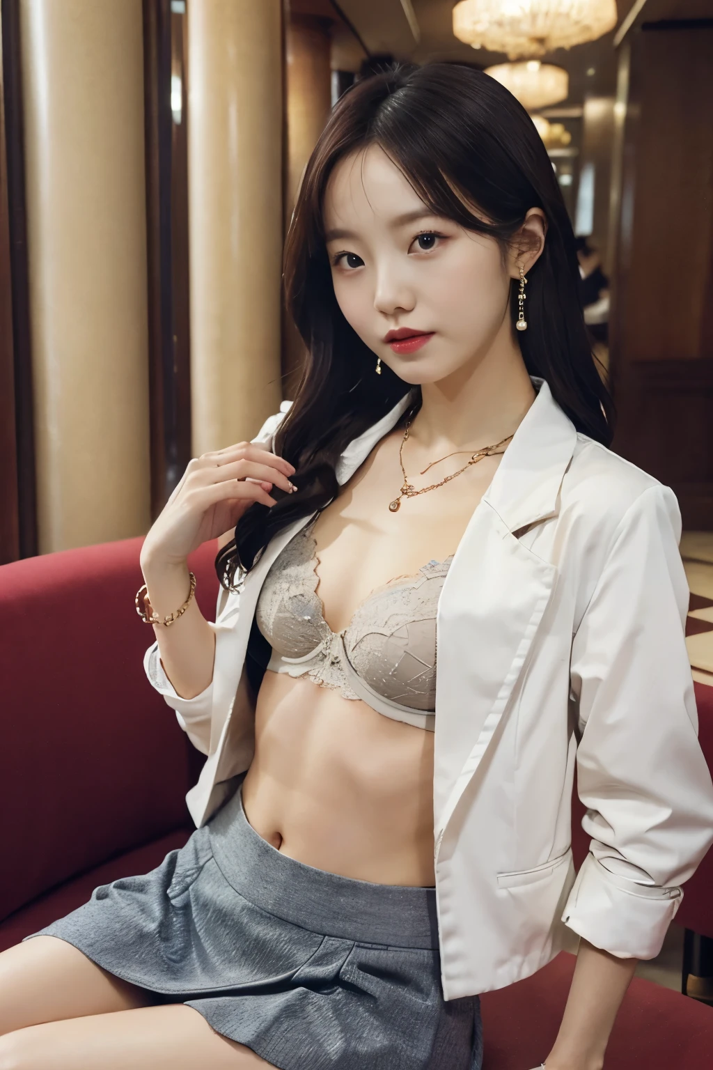 (seating:1.4),worman ,Necklaces, rings, earrings, watches, jewellery,suit,2 lady,realistic,(ultra quality:1.2),high quality,masterpiece,(ultra detailed:1.4),japanese girl,beautiful face,(real bra:1.5),(skirt:1.2),((hotel)),(small breast:1.4),slender,highres,jacket,