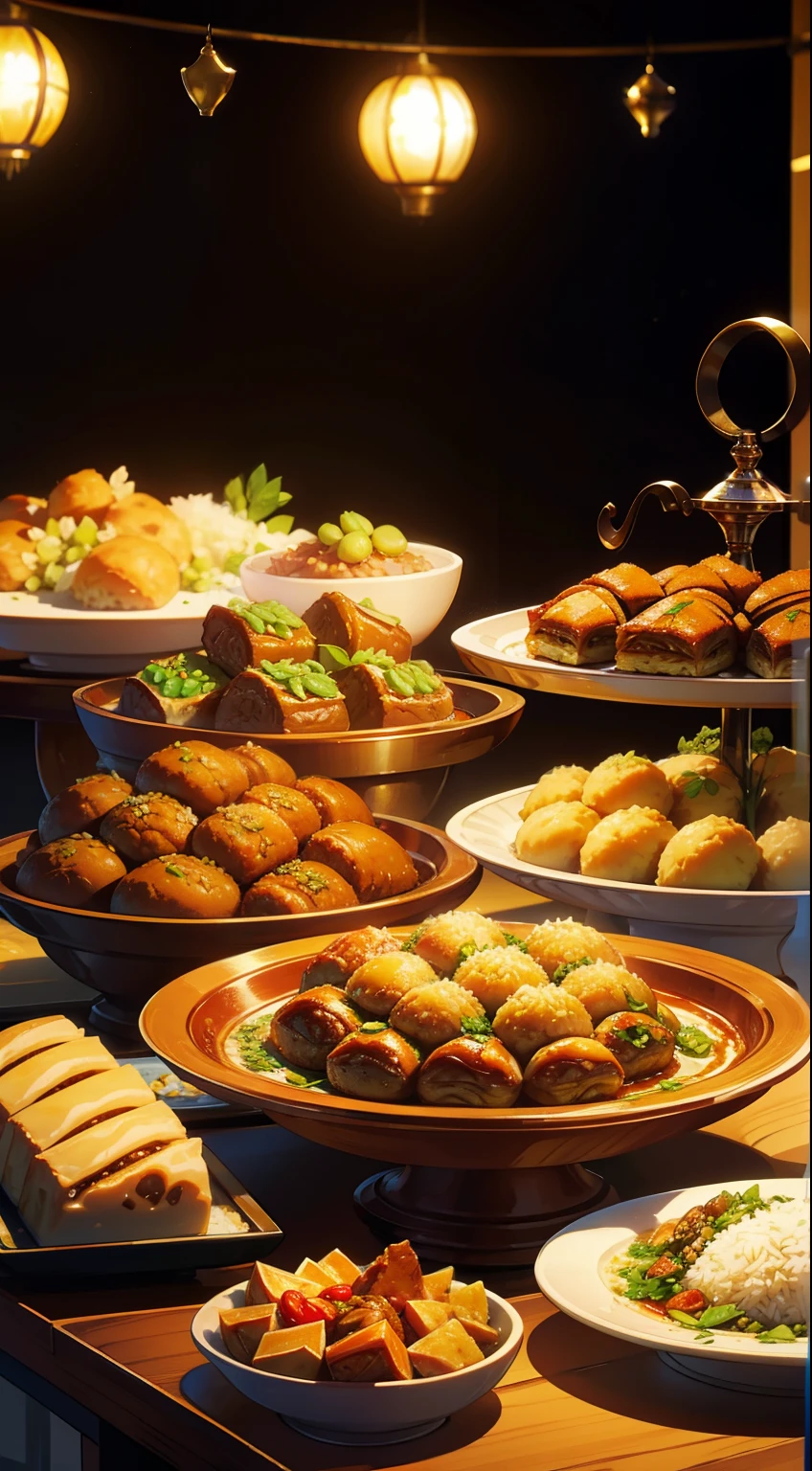 A photo of a lavish presentation of delicious Eid food, Includes succulent lamb and goat dishes, Fragrant rice, There is also a wide selection of delicious sweets such as baklava and ma'amoul..People don't come out