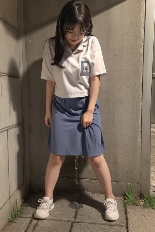 (pp clothes), (realistic), A girl sees the ghost and peed herself, standing in Alley, peeing herself on to skirt, peeing:1.3, urination:1.3, pee stain:1.2, pee puddle:1.1, view to viewer