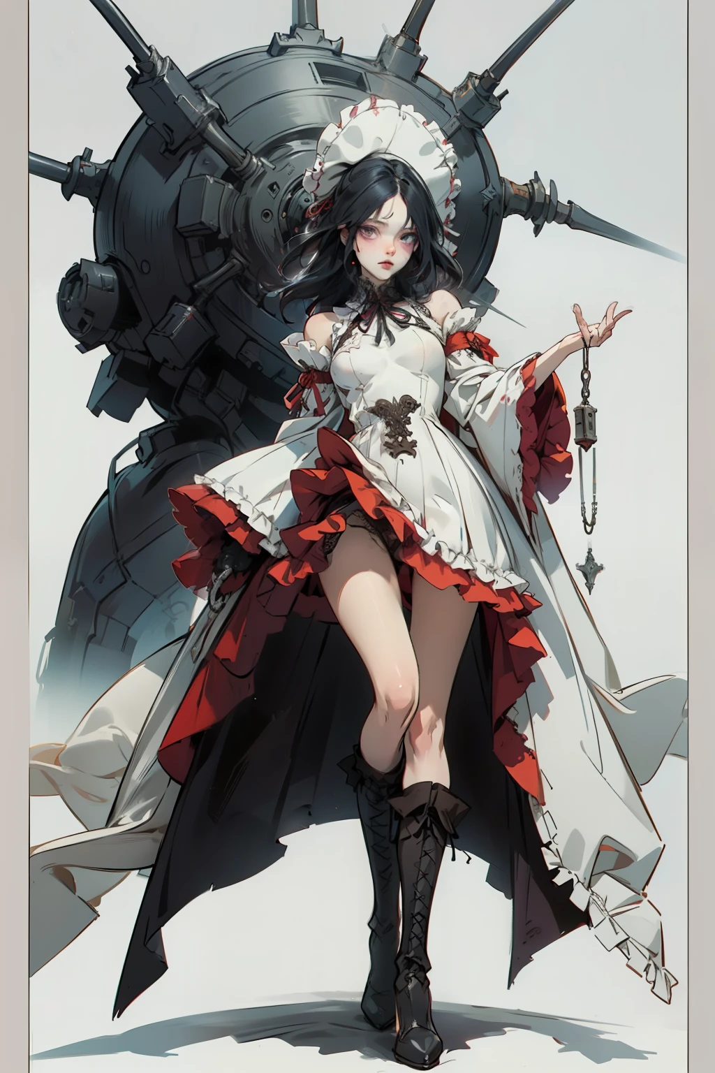 ((best quality)), ((masterpiece)), (detailed), a penitent female, blank white background, plain background, white background, red and white clothing, Bloodborne aesthetic, occult aesthetic, occult, occult paraphernalia, detailed and intricate steampunk and detailed gothic, NSFW, Very dramatic and cinematic lighting, cosmic horror, grim-dark, side-lighting, perfect face, NSFW, Fluttering lace flared dress with frilly petticoats, pleated petticoats, petticoats, complex lace boots, side-lighting, gothic aesthetic, chains, mechanical components, carbine, NSFW, beautiful small breasts, small breasts, full body, whole body, body, plain background, white background, blank background, no background, white background NSFW, full body, whole body, head-to-toe dynamic poses NSFW