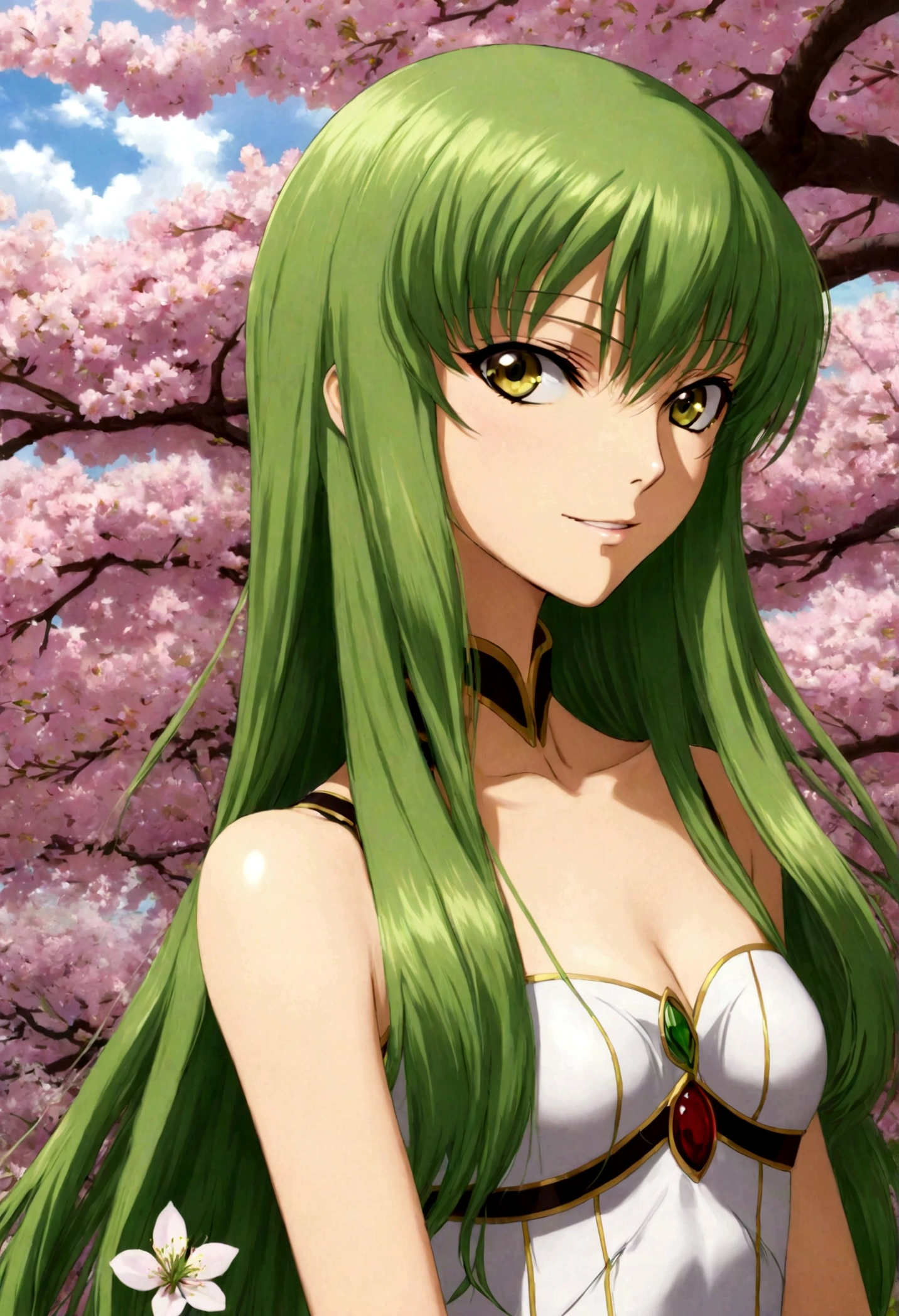 (1girl, Code Geass), C.C., "CODE GEASS Lelouch of the Rebellion", solo, (green hair), cc_codegeass, long hair, straight hair, bangs, brown eyes, hair between eyes, Cherry blossoms, petals, seductive smile, looking at viewer, (masterpiece, best quality, Professional, perfect composition, very aesthetic, absurdres, ultra-detailed, intricate details:1.3)