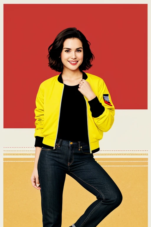 ((best quality)), Mid-20s, with an expressive face that conveys curiosity and knowledge.
A thoughtful expression with a hint of a smile.
Short, brown hair with a side part, styled in a relaxed way.
Wearing a stylish outfit like dark-wash jeans, a graphic t-shirt related to food or health, and a bomber jacket.
Holding a notepad and pen in their hands. A blend of pop art and flat design with bold outlines, a limited color palette (focus on red, yellow, and black), and a touch of comic book elements (speech bubble).