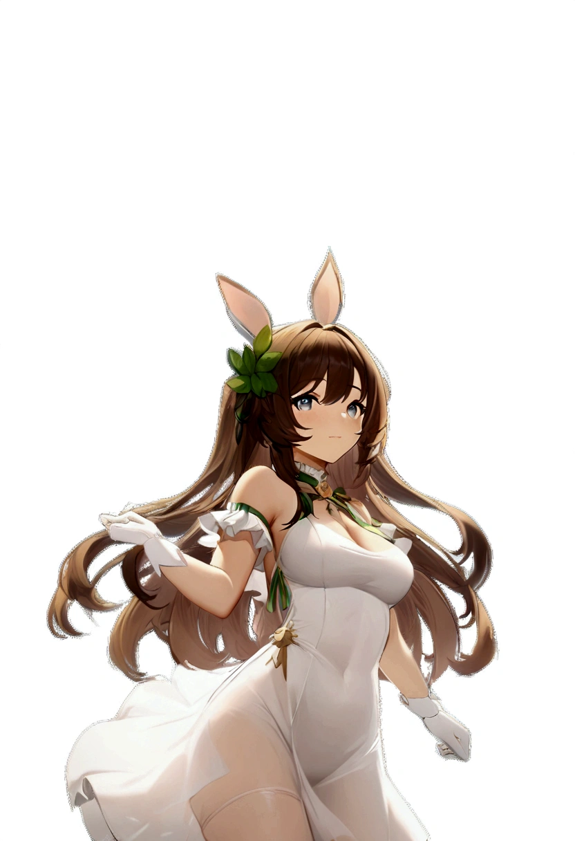 Anime girl in a white dress with green ribbon and crown, April Rendering, Azur Lane Characters, From the Azur Lane video game, Azur Lane Style, ayaka genshin impact, Bunny girl, With rabbit ears, From Girls Frontline, Official character art, Hestia, Created by Anime Painter Studio, Has a laurel wreath, From Arknights