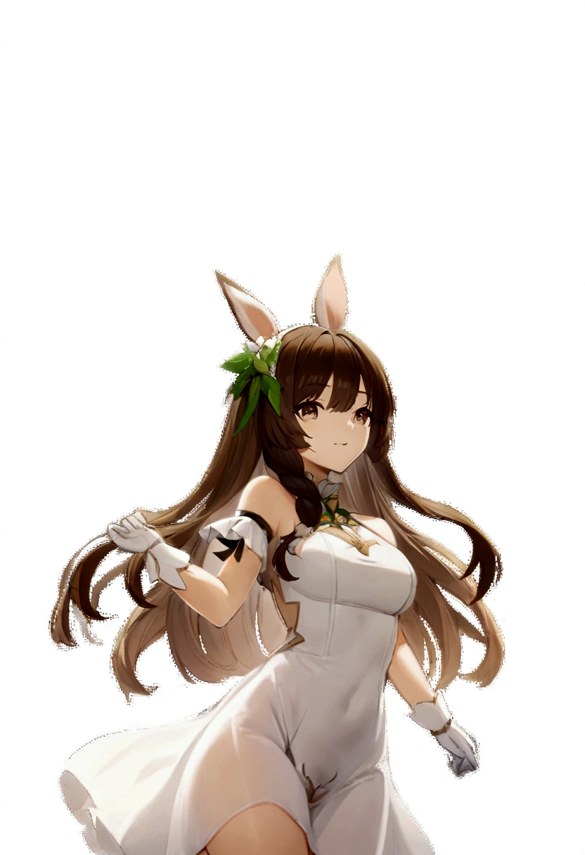 Anime girl in a white dress with green ribbon and crown, April Rendering, Azur Lane Characters, From the Azur Lane video game, Azur Lane Style, ayaka genshin impact, Bunny girl, With rabbit ears, From Girls Frontline, Official character art, Hestia, Created by Anime Painter Studio, Has a laurel wreath, From Arknights