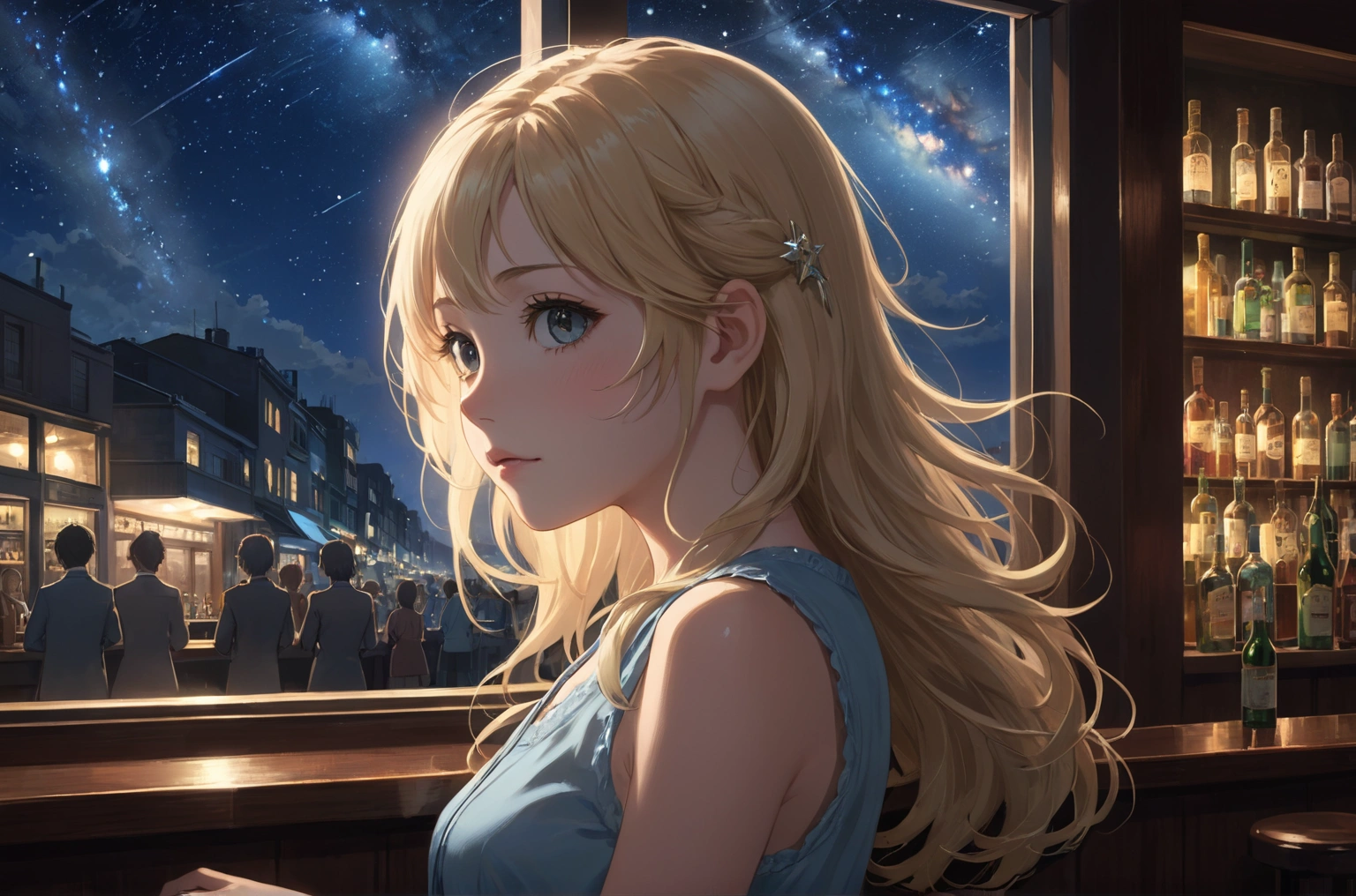 Uses Makoto Shinkai's depiction perfectly, Halie Loren portrait 8k 4k masterpiece photo ,A jazz bar with a glass ceiling,Outside the window is a dim night view,Stars twinkle in the sky,Close-up of profile,I'm not looking at you,Semi-long hair,Blonde Hair,sexy,Slender,Bust slightly large,Wearing a sleeveless shirt,Five fingers and five toes,The fingers are drawn precisely,The most beautiful woman in the world,30 years old,