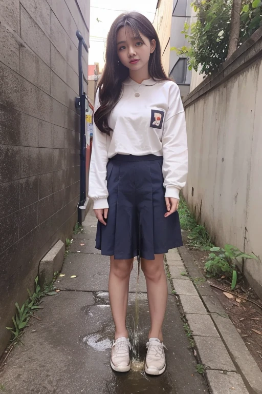 (pp clothes), (realistic), A girl sees the ghost and peed herself, standing in Alley, peeing herself on to skirt, peeing:1.3, urination:1.3, pee stain:1.2, pee puddle:1.1, view to viewer, face view to camera