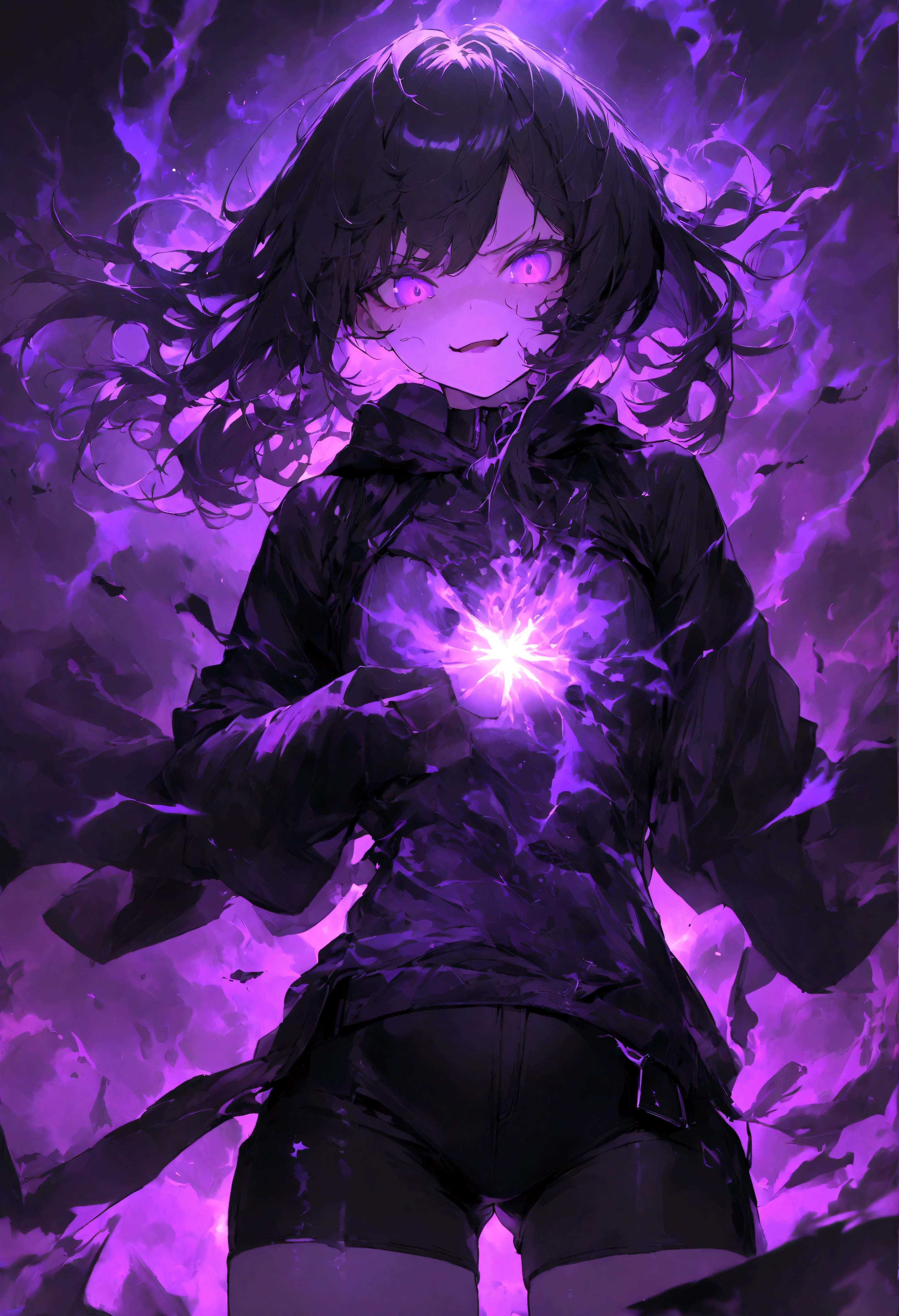 1girl, original, (solo:1.1), standing, raised fist,
scary face, ((intimate purple mist background), ((solo)), (psychic girl),The rays of light shoot through my chest, small chest, black tights, black shorts, visible through hair, (wearing black hoodie clothes), (transparency black hair), pointed end purple, gradient purple eyes, (perfect anatomy), psychokinesis, masterpiece,insanevoid, horror \(theme\),r1ge, glowing, aura, energy,flying psychic beam, ((attack)), beam, flying debris, [angry], floating hair,purple: (purple theme:1.2),blue: (blue theme:1.1), (masterpiece:1.2), (best quality:1.2), (very aesthetic:1.2), (absurdres:1.2), newest, 
