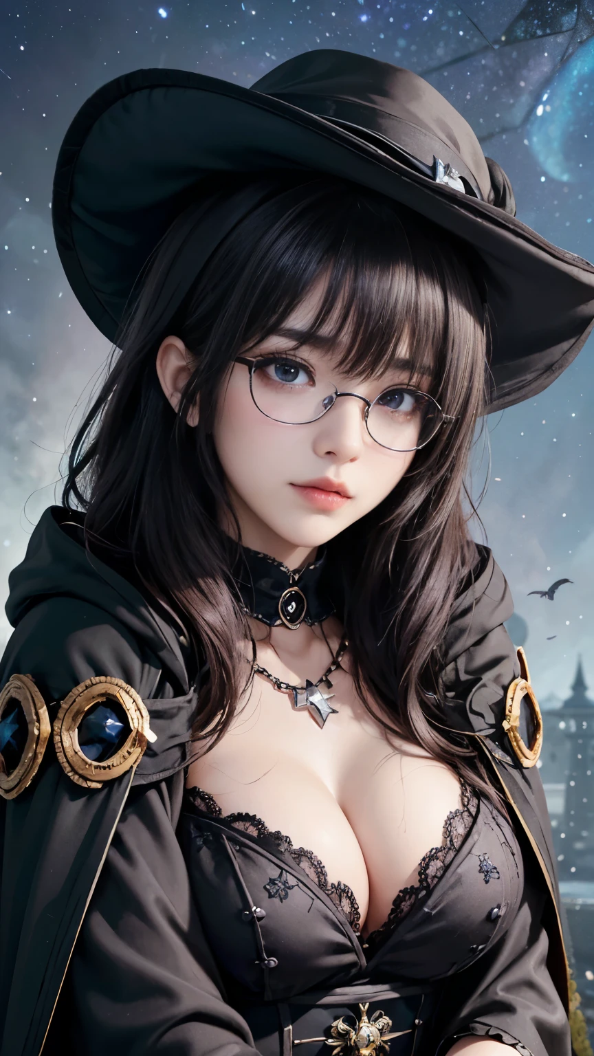 (Fatal Beauty,A charming villain,witch) ,(A supple and powerful physique),(Sensual charm),(Mysterious charm:1.1),(Captivating silhouette),((((Glasses))))、((((big sapphire necklace))))、(highest quality,High resolution:1.2),(dark,Threatening:1.1),((dark horror theme:1.5),(Thriller:1.5)),(Dark fantasy:1.5), (((Countless stars fly away:1.5),(Absurd:1.5),(wonderful:1.5))),Woman in a dress, (Powerful numbers:1.1),(((Big Breasts))),(((Muscular:1.1))), cute face, Sexy Face, , Very detailedなbeautiful女の子, (Ideal body type:1.8), Very detailed faceexpressive lips, (とてもbeautiful、Crisp big eyes:1.5), Fine skin., All features are shown in detail., The outline of the fingers is beautifully drawn....., The nose is precisely shaped., expressive lips, Perfect Anatomy,cute、Realistic、(Front view:1.4),(Face Focus:1.3), realistic girl rendering, 8k artistic german bokeh, Enchanting girl, Real Girls, Gurwitz, Gurwitz-style artwork, Girl Roleplay, Realistic 3D style, cgstation Popular Topics, 8K Portrait Rendering,(truth,truth:1.4),Sexy Body,( Very lean body:1.6),Sexy pose, blush, Attractive body, Very curly hair, Purple Curly Hair, very big hair, Very curly hair, prime color,Urban,Very detailed,masterpiece,Intricate details,Faded,Very detailed, Eye on the details,Intricate details,暗くてSpooky atmosphere, spiritual being, Unforgettably beautiful, Ghostly figures, Shadow-like shape, Spooky whispers, Ominous Aura, Goth Maiden, Like dazzling fur in a starless haze,Her Mogul Snaps, Mysterious Cemetery,Black hair swaying in the moonlight, She summons darkness, (beautiful: 1.7), (Black Hat: 1.6), (An intricately decorated jet-black cloak: 1.6), (Delicately decorated cloak, Despite the damage: 1.5), Hypermaximalist, Breathtaking oil paintings, Surreal, Ultra-realistic digital illustrations that mimic the style of oil paintings, wonderful構成, (Shining Eyes:1.6)、(Glowing Eyes:1.1),(hellish landscape:1.1),(fire,sulfur:1.1),(Threatening atmosphere:1.1),(dark shadows,Threatening presence:1.1),(Unlucky Clouds,Stormy Skies:1.1),(dark,Spooky atmosphere:1.1),(Aura of misfortune,Evil energy:1.1),(dark aura,cigarette:1.1),(Extreme heat,Burning Flames:1.1),(Nightmare Visions:1.1),(Predicting the end:1.1),(Whispers of misfortune,Devilish Laugh:1.1),(Cries of pain,echoing screams:1.1),(Bad luck symbol,Ancient runes:1.1),(Mysterious Relic,dark art ifacts:1.1),(Infernal Ritual,Ritual sacrifice:1.1),(Eternal Ruin,A hopeless existence:1.1), Inspired by abandoned mech backgrounds. Art created by Craig Mullins, Necrostyle., Detailed Description, Futuristic sci-fi scene. Focus on SFCon