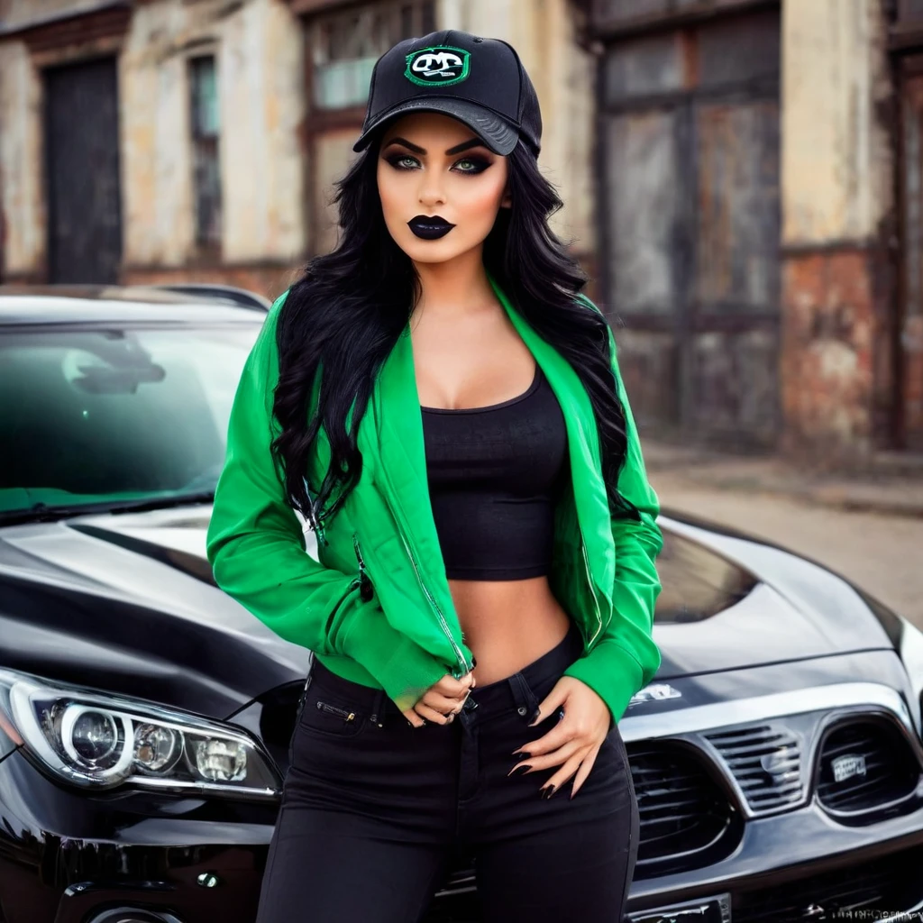 Photogenic fine young lady stand by the motor, black hair , green eyes , tanned skin, shawl, wearing a cap, hair blow , tight jacket,  black pants, chin up, black lips, grin, gothic make up, black eye shadow