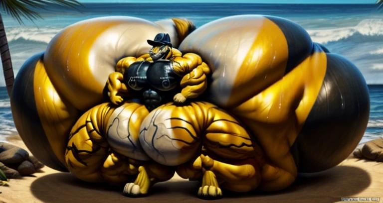 4k, high resolution, best quality, perfect lightning, perfect, solo, anthro, young, boy,golden yellow wolf:2.0, furry body, (fluffy mane:1.2), fluffy tail, male, adult, (bulky2:0, thick muscles2:0, huge muscles:2.0, hyper muscles:2.0), (thick biceps, veiny biceps, broad shoulders:2.0), (thick legs, thick calves:1.1), (digitigrade legs, 4 toes:1.2), perfect colors, (photorealistic fur, detailed fur, epic, masterpiece), (suggestive posing:1.2), (seductive smile, lustful grin 1.3), detailed beach,detailed wolf eyes:2.0, by k0suna, by darkgem,nipple ring,hyper arms:2.0,veins,golden yellow fur,hyper butt:2.0,hyper paws:2.0,standing,thick legs,thick butts:2.0,sweat body:2.0,massive butt:2.0,black hat,hyper ass:2.0,huge ass,long legs,juicy butt:2.0,butt like a wall:2.0,fat butt,butt fill most of picture:2.0,fat legs