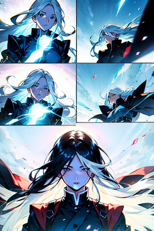 Girl with long white hair falling , manga page with panels and dialogue