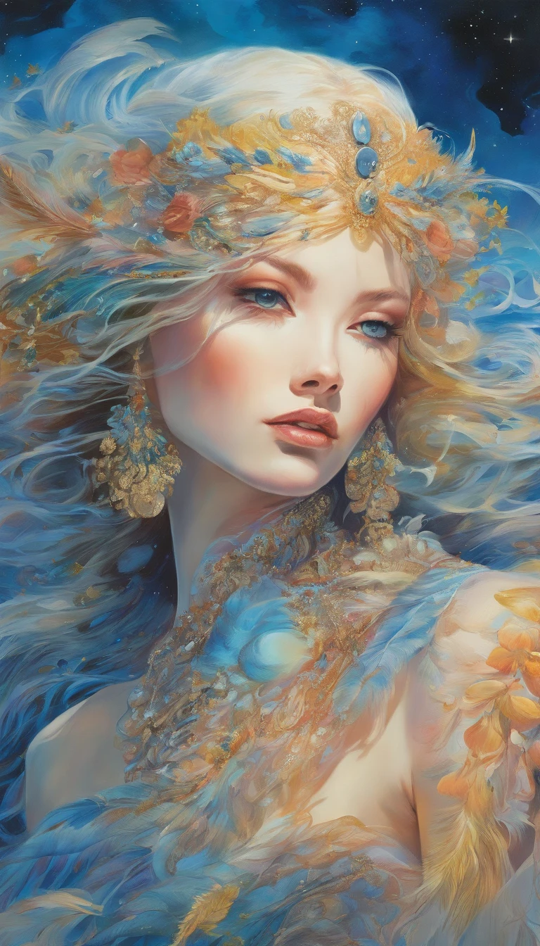 multi-layered watercolor by Hajime Sorayama, alcohol ink, bright paint silver blue gold, double exposure, golden feathers of flamingo bird, emerging from the swirling night fog, a stunningly beautiful sunset queen wearing intricate pearl and roshed shell jewelry and a beautiful print of ocean sunset waves, strange surreal details, big eyes against the background of the sea. background with moonlit night and stars,author e_rotic artexcitingly seductive concept art, stunning vibrant concept art, Magazine cover style, Random angle, metamorphosis,8K